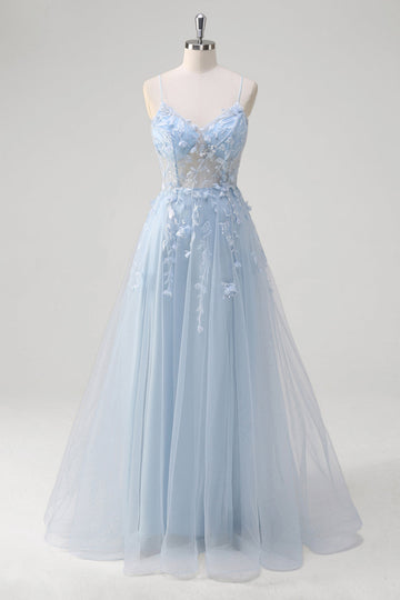 Blue A Line Spaghetti Straps Appliqued Corset Long Formal Dress With Tulle